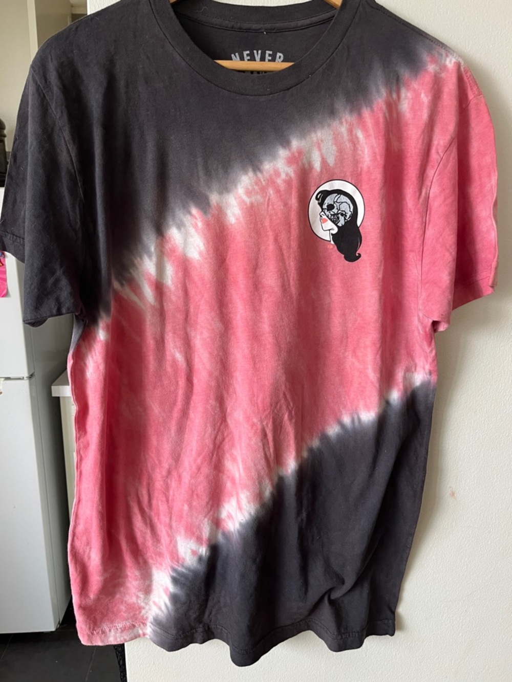 Never Made V-Neck Tee in Black with Pink Tie-Dye